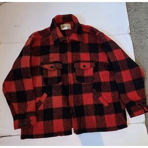 Vintage Melton Red Buffalo Plaid Heavy Wool Shirt Jacket Button Up Mens XL EXC